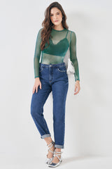 Calça Mom em Jeans Escuro com Bolsos Later