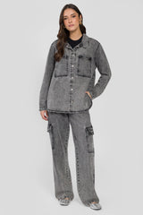 Camisa Overshirt em Jeans Black com Bolsos Frontais