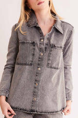 Camisa Overshirt em Jeans Black com Bolsos Frontais