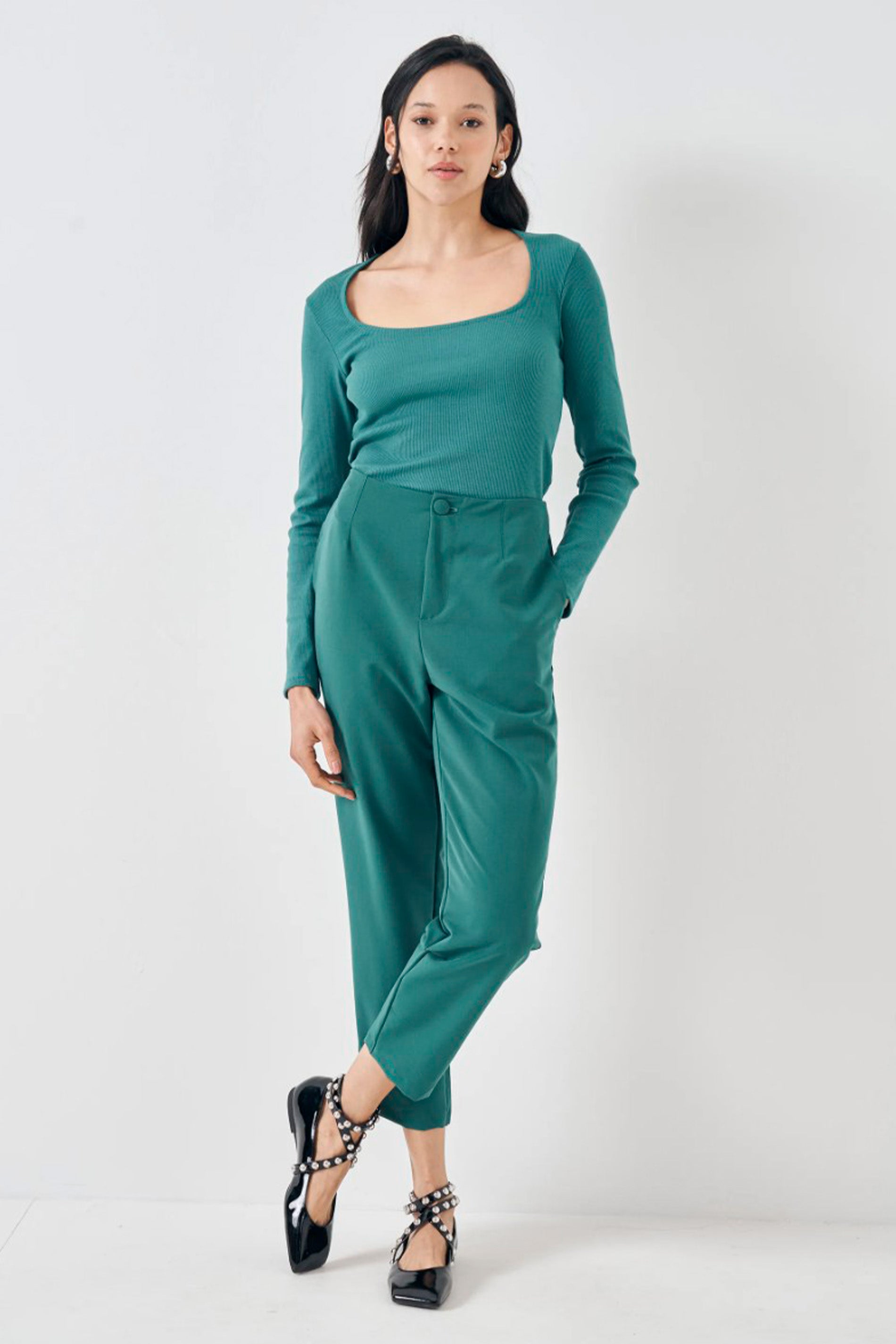 Blusa de Manga Longa em Ribana com Decote Quadrado
