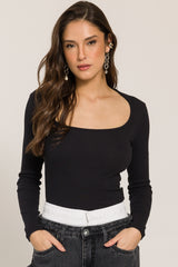 Blusa de Manga Longa em Ribana com Decote Quadrado