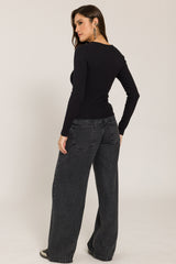 Blusa de Manga Longa em Ribana com Decote Quadrado