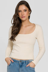 Blusa de Manga Longa em Ribana com Decote Quadrado