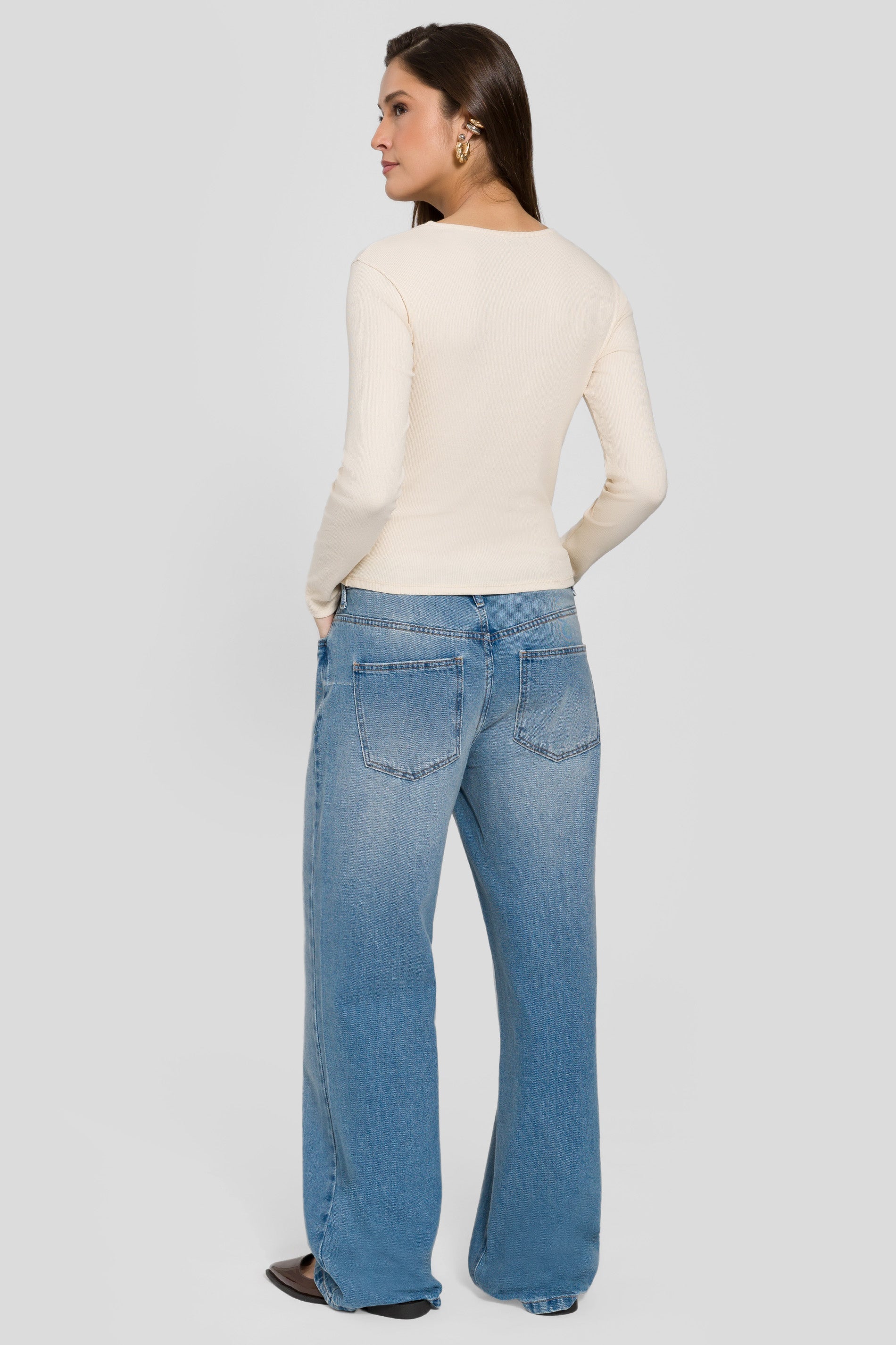 Blusa de Manga Longa em Ribana com Decote Quadrado