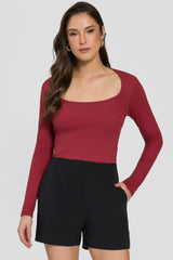 Blusa de Manga Longa em Ribana com Decote Quadrado