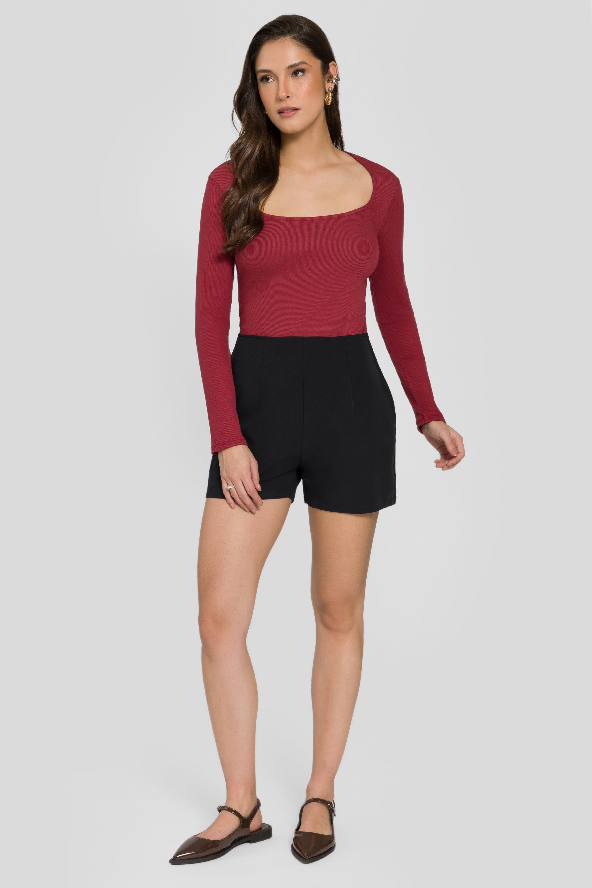 Blusa de Manga Longa em Ribana com Decote Quadrado