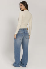 Blusa Manga Longa em Tricot Lurex com Gola Baixa