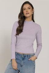 Blusa Manga Longa em Tricot Lurex com Gola Baixa