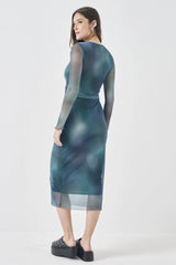 Vestido Midi em Tule Estampado com Manga Longa