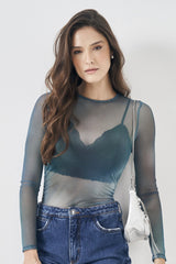 Blusa Manga Longa em Tule Estampado