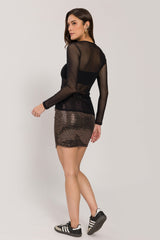 Blusa Manga Longa em Tule Estampado