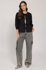 Blusa 7/8 em Tricoline com Amarrações e Babado