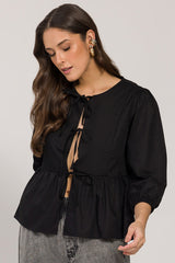 Blusa 7/8 em Tricoline com Amarrações e Babado