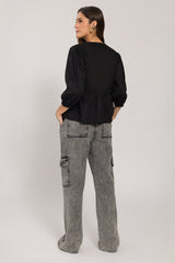 Blusa 7/8 em Tricoline com Amarrações e Babado