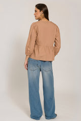 Blusa 7/8 em Tricoline com Amarrações e Babado