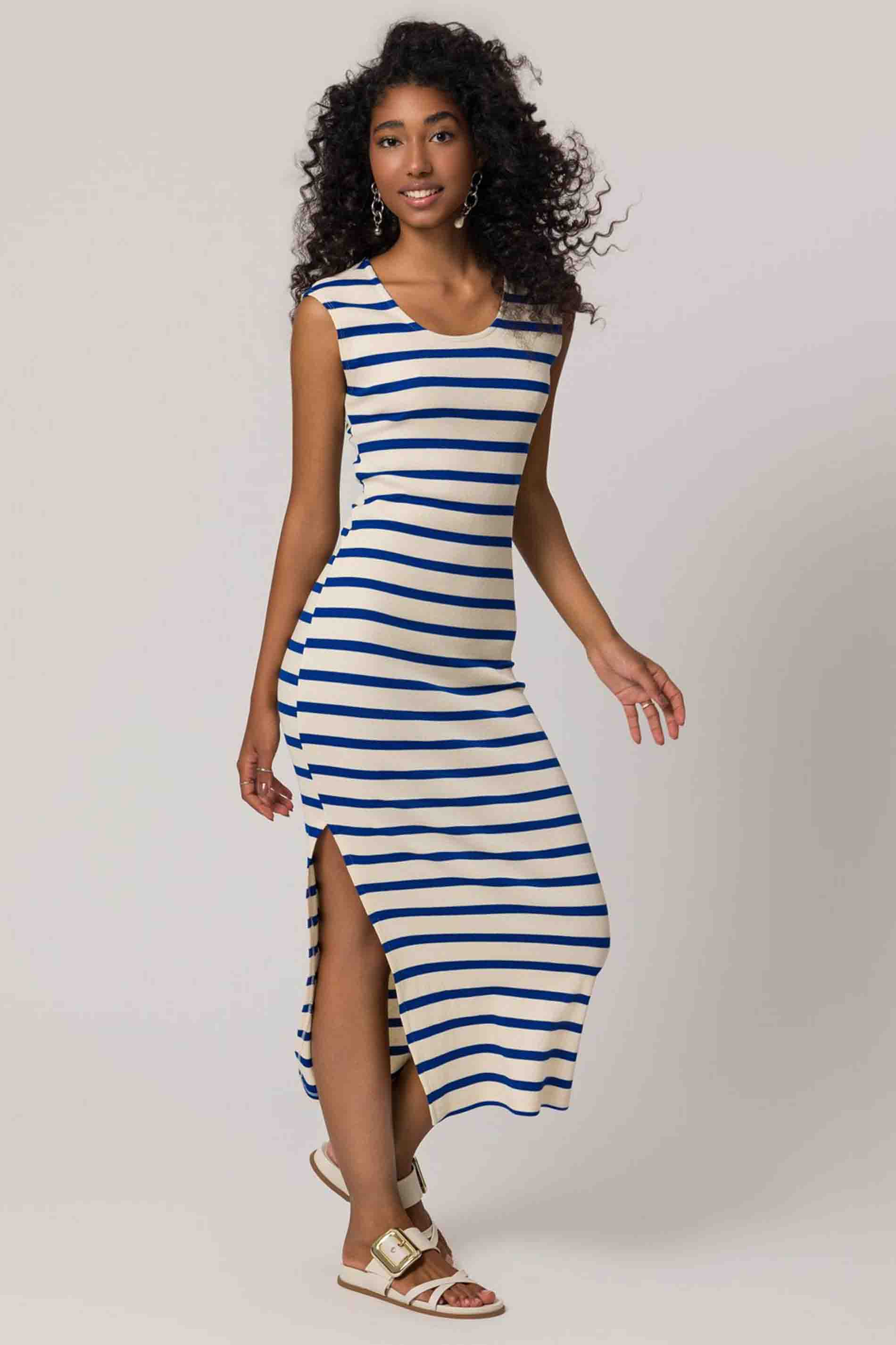 Vestido Midi Sem Manga em Ribana Listrada