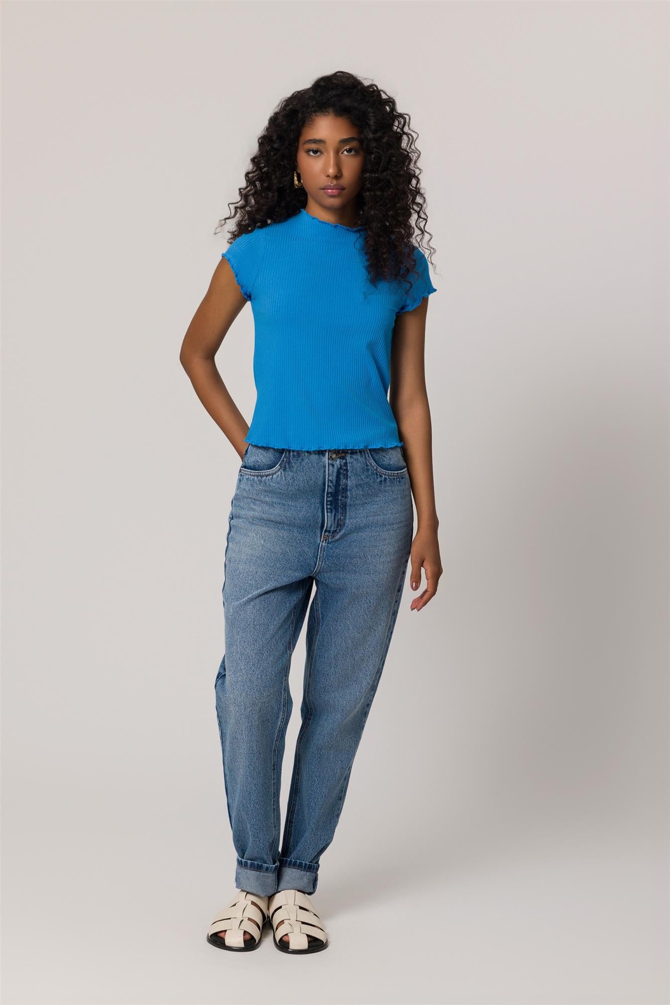 Blusa de Manga Curta em Ribana com Gola Alta