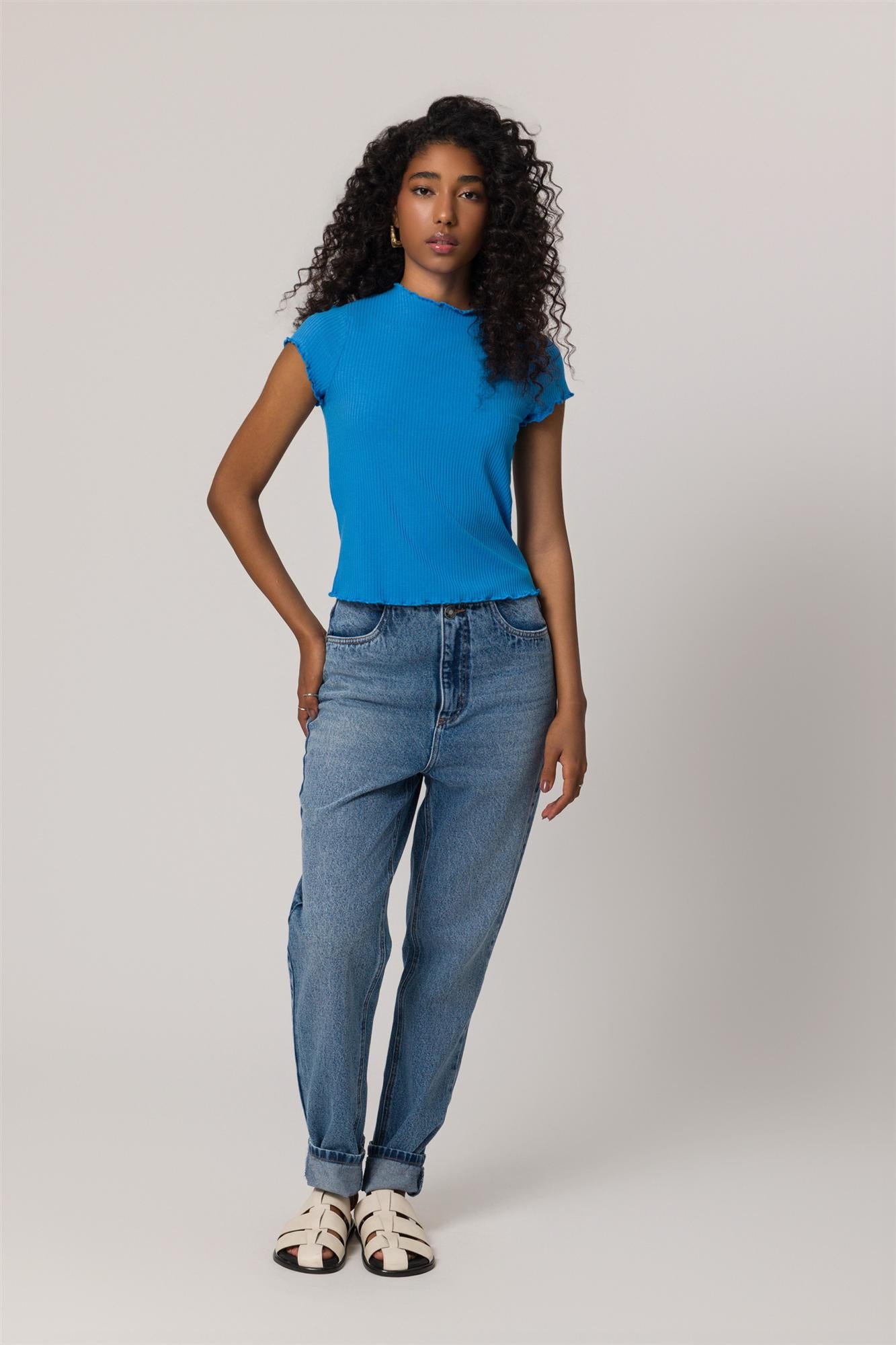 Blusa de Manga Curta em Ribana com Gola Alta