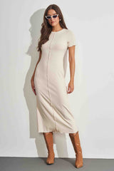 Vestido Maxi Midi em Ribana com Manga Curta