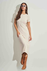 Vestido Maxi Midi em Ribana com Manga Curta