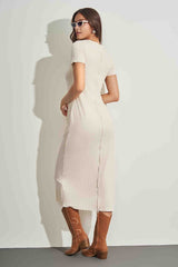 Vestido Maxi Midi em Ribana com Manga Curta