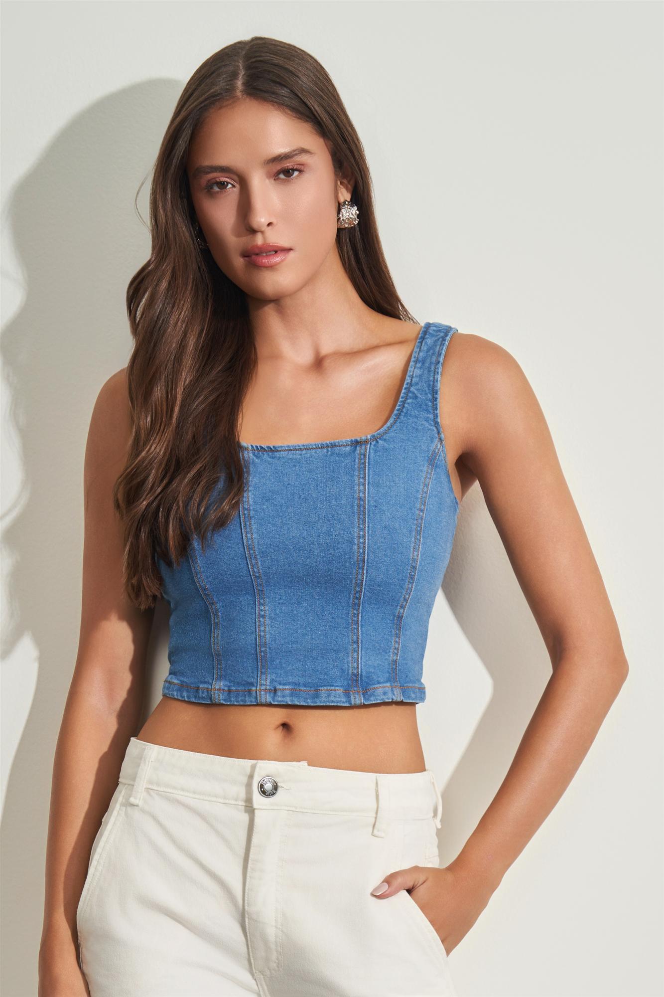 Top em Jeans com Elastano