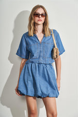 Camisa Cropped de Manga Curta em Jeans