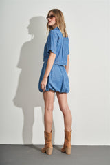 Camisa Cropped de Manga Curta em Jeans