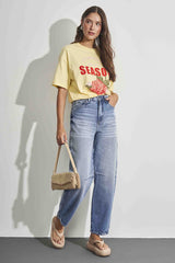 T-shirt oversized em meia malha com estampa