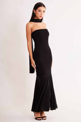 Vestido sem Alça After Dusk em Malha Bodycon e Tule Rendado