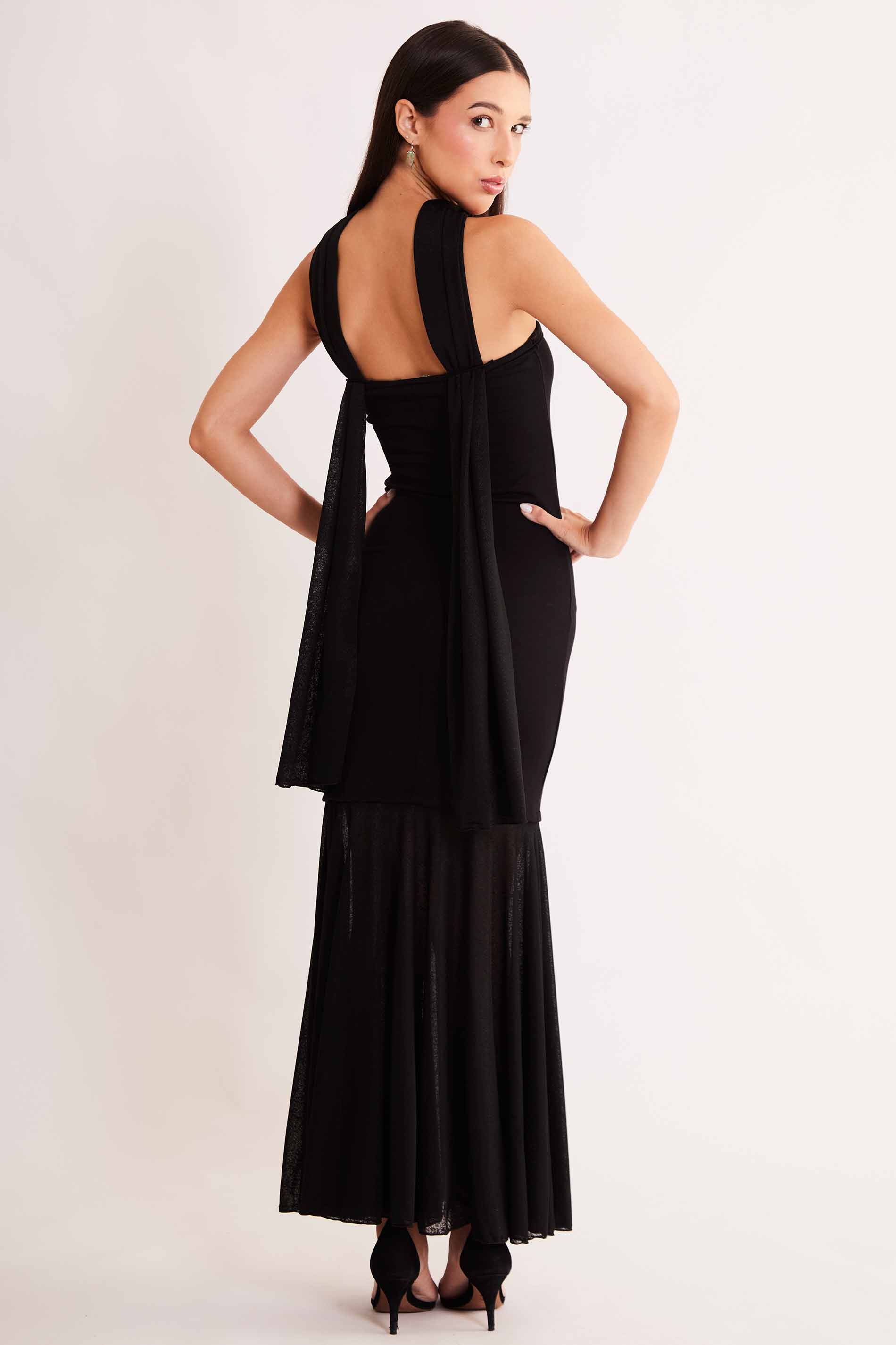 Vestido sem Alça After Dusk em Malha Bodycon e Tule Rendado