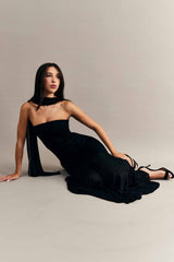 Vestido sem Alça After Dusk em Malha Bodycon e Tule Rendado