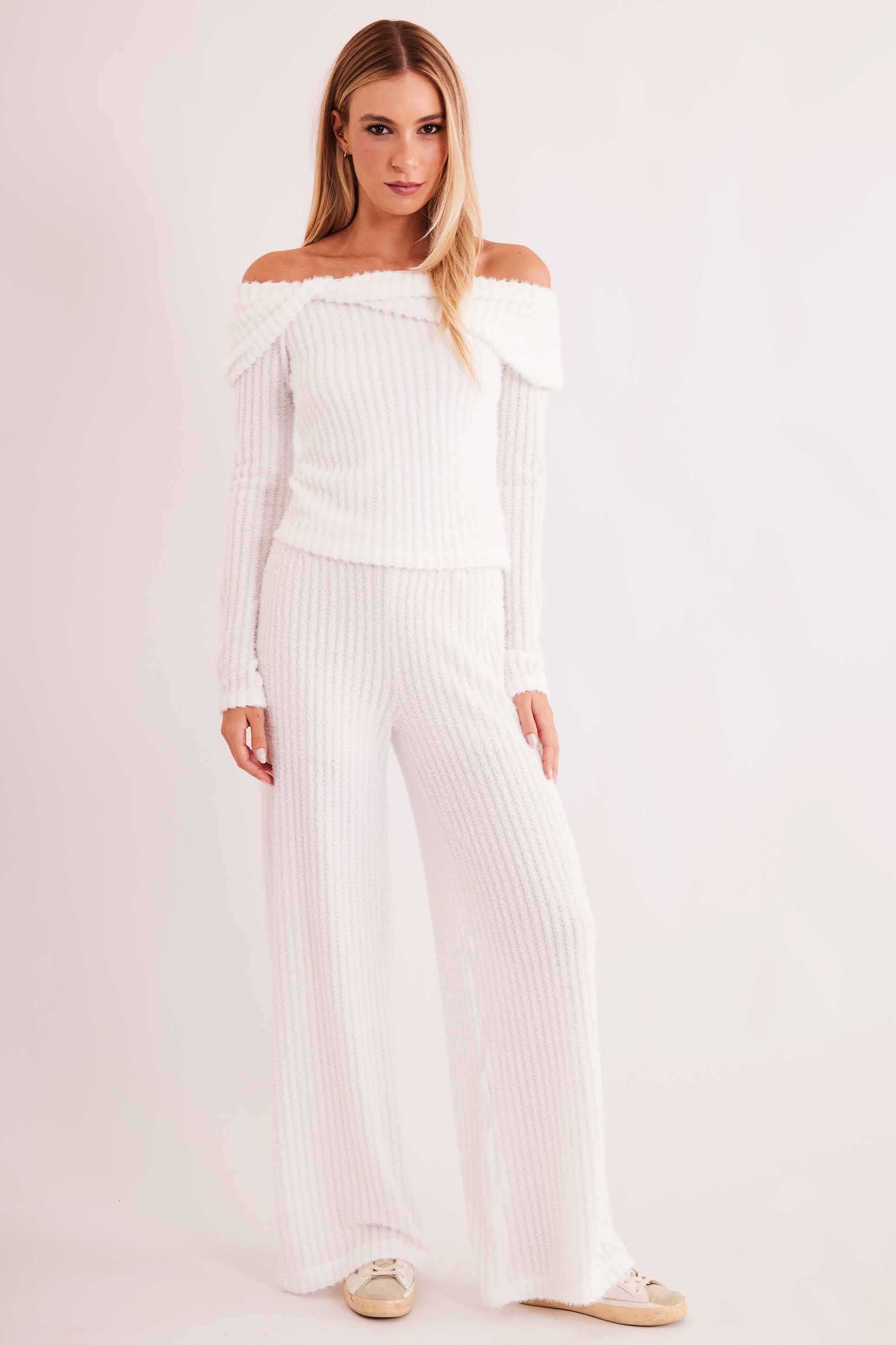 Blusa de Manga Longa New Ease Ombro à Ombro em Malha Tricot Maquinetado