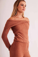 Blusa de Manga Longa New Ease Ombro à Ombro em Malha Tricot Maquinetado