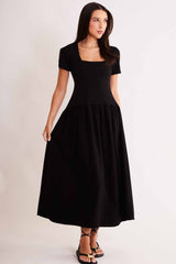Vestido Midi Allure de Manga Curta em Malha Bodycon e Plano Linen
