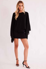 Vestido Curto Urban Frame sem Manga em Malha Bodycon com Capa em Chiffon