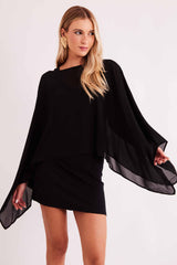 Vestido Curto Urban Frame sem Manga em Malha Bodycon com Capa em Chiffon