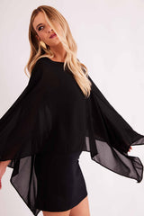 Vestido Curto Urban Frame sem Manga em Malha Bodycon com Capa em Chiffon