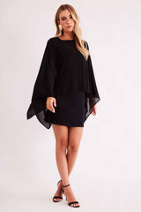 Vestido Curto Urban Frame sem Manga em Malha Bodycon com Capa em Chiffon