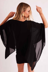 Vestido Curto Urban Frame sem Manga em Malha Bodycon com Capa em Chiffon