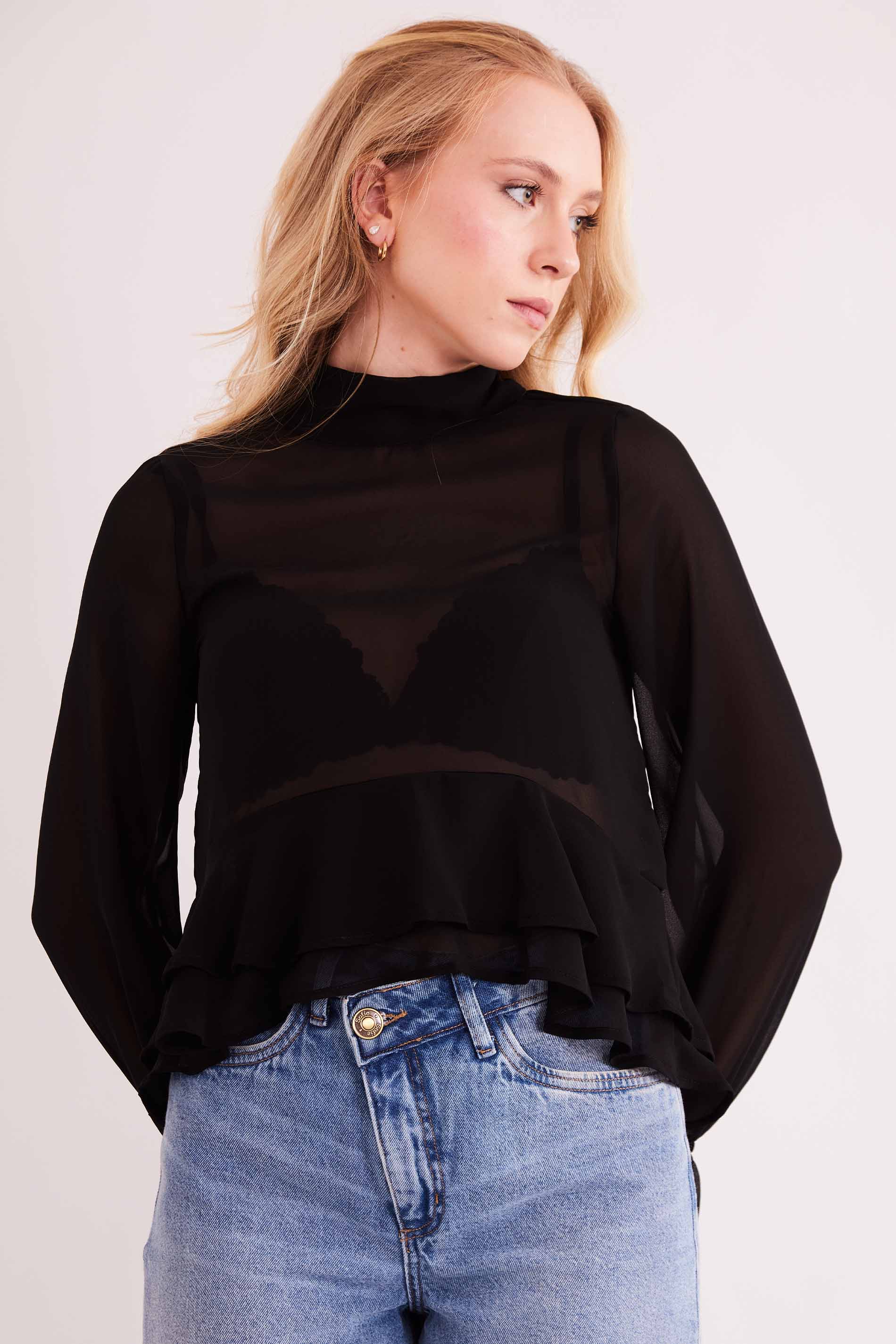 Blusa de Manga Longa Urban Frame em Plano Chiffon