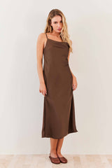 Vestido Midi em Cetim Alças Finas Soft Glam - Sofie