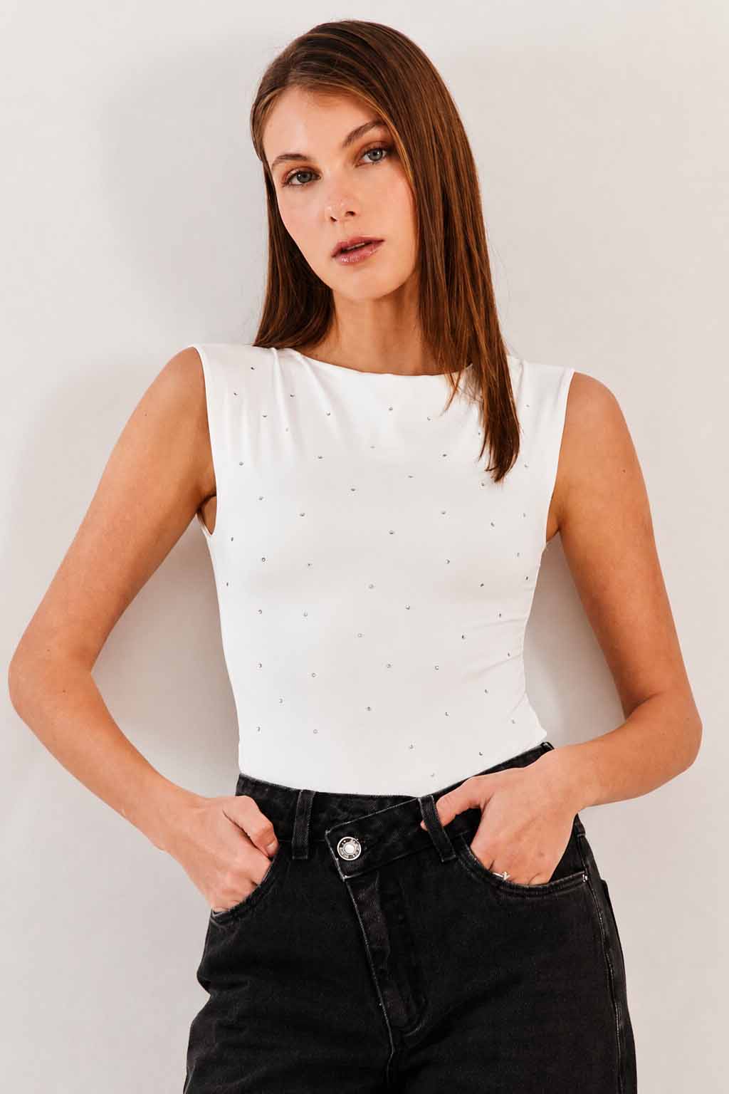 Body Sem Manga Com Aplicação Strass Fluid Bloom  - Sofie