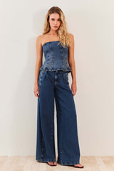 Blusa Tomara que Caia em Jeans com Lastex Fluid Bloom - Sofie