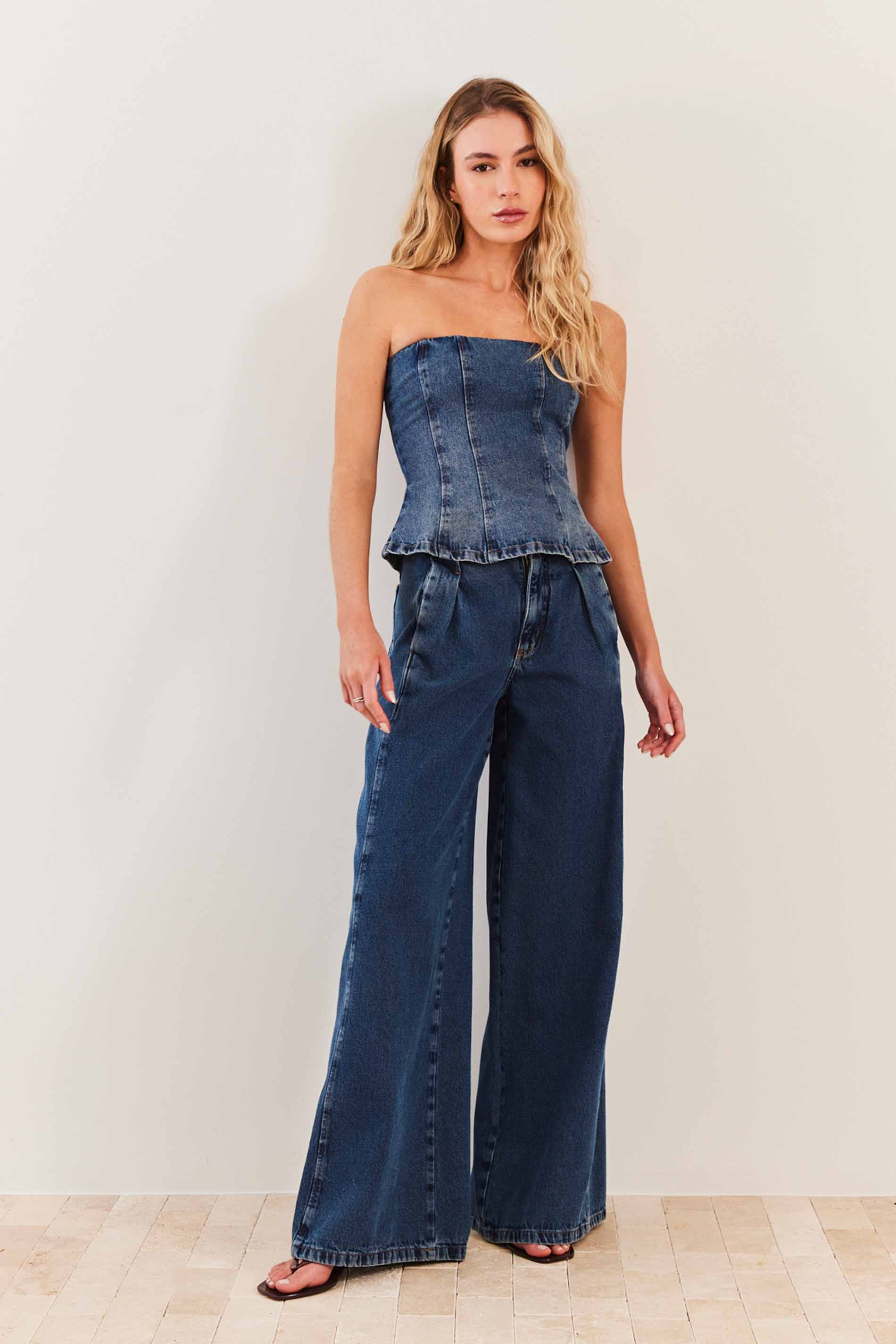 Calça Palazzo Jeans Cintura Alta Fluid Bloom - Sofie