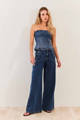 Calça Palazzo Jeans Cintura Alta Fluid Bloom - Sofie