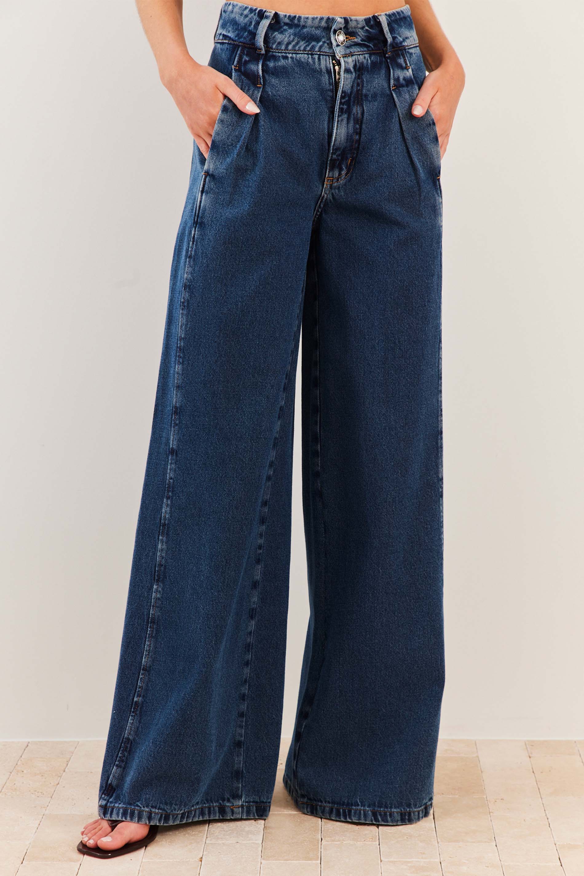 Calça Palazzo Jeans Cintura Alta Fluid Bloom - Sofie
