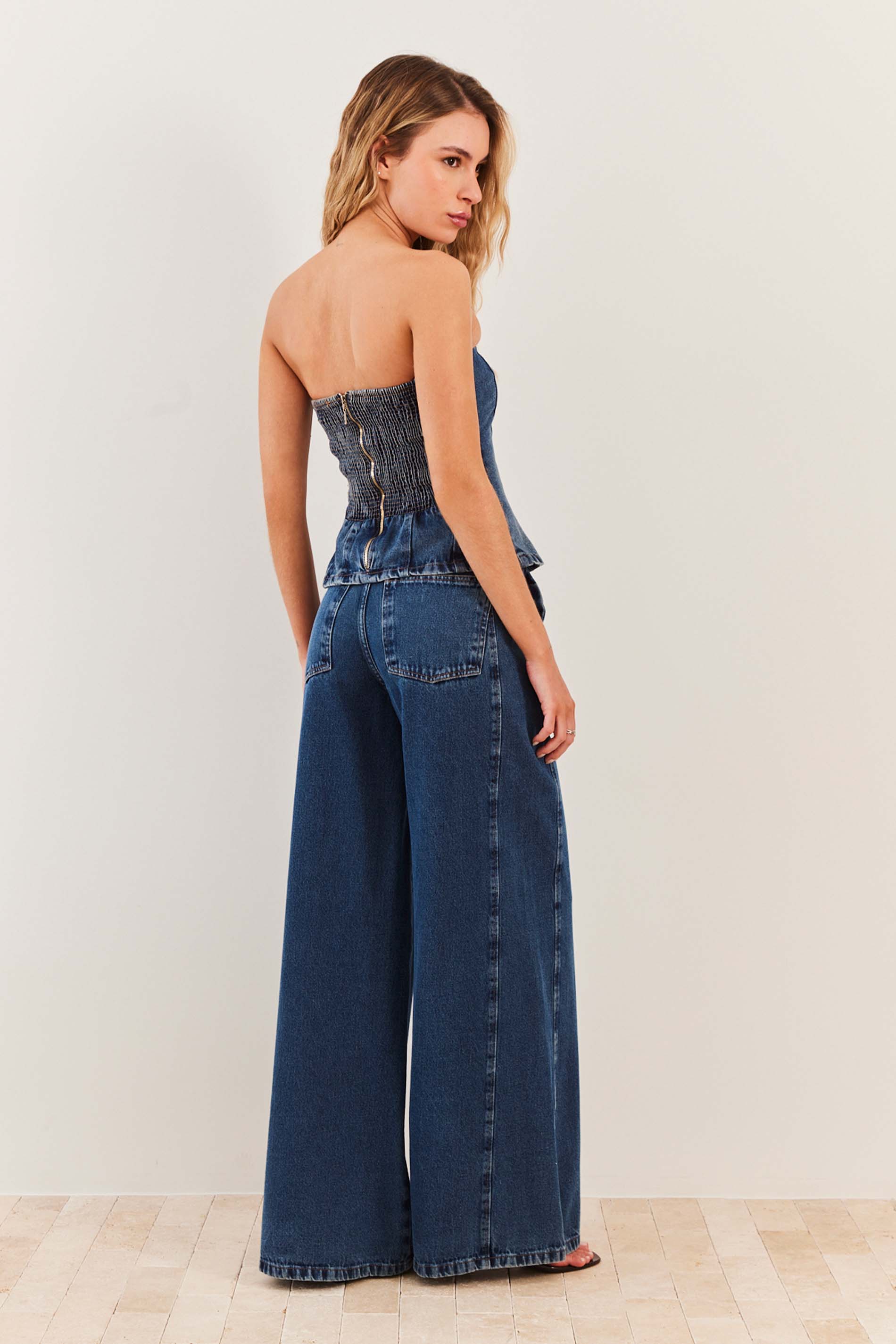 Calça Palazzo Jeans Cintura Alta Fluid Bloom - Sofie
