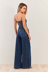 Calça Palazzo Jeans Cintura Alta Fluid Bloom - Sofie